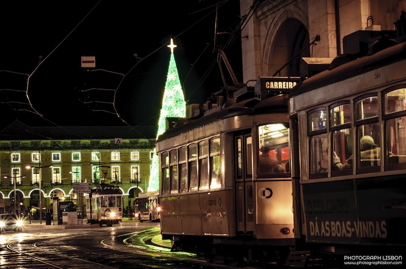 Two vintage trams at Praça do Comércio with a lit Christmas tree on a winter night, Lisbon.