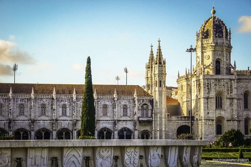 Jerónimos Monastery in Belém, Lisbon, with its Manueline stonework in late afternoon light.